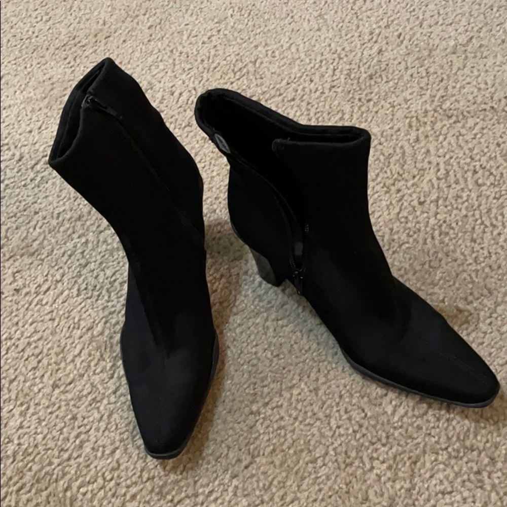 Black fabric heel boots